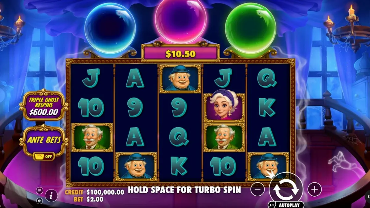 Tampilan layar permainan slot Great Ghosts dengan tema rumah hantu kartun